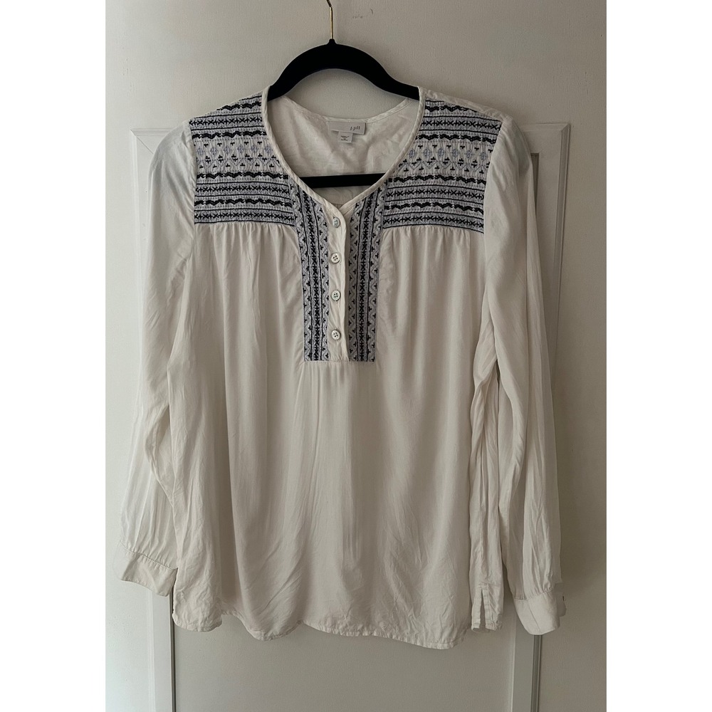 J. Jill White Embroidered Henley Peasant Blouse Long Sleeve Women Medium Petite